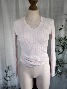 Light Pastel Pink Cotton Small Cable Knit V-neck Sweater